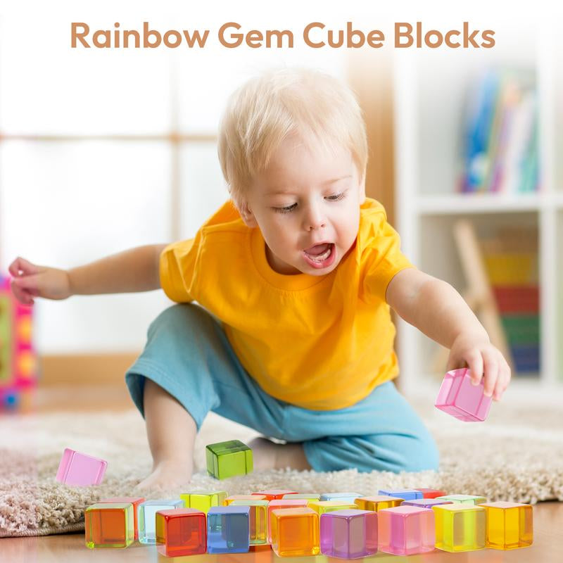 Woodtoe Wooden Building Blocks Set for Kids, 36 PCS Rainbow Acrylic Gem Cubes Blocks - 3 Wood House, Montessori Stacking Toy for Toddlers, Educational STEM Toys Birthday for Boys Girls 3-6