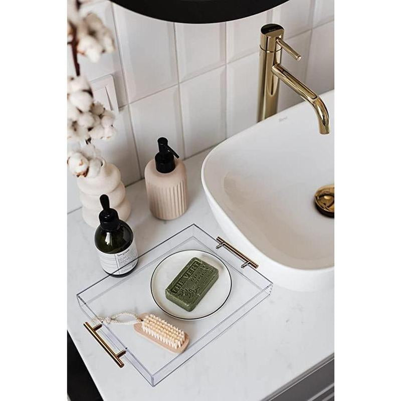 12"X16" Clear Acrylic Serving Tray with Golden Handles, Sturdy Huge Capacity Acrylic Tray for Coffee, Juice, Kitchen and Desk Organizer, Storage Tray ,12"X16"