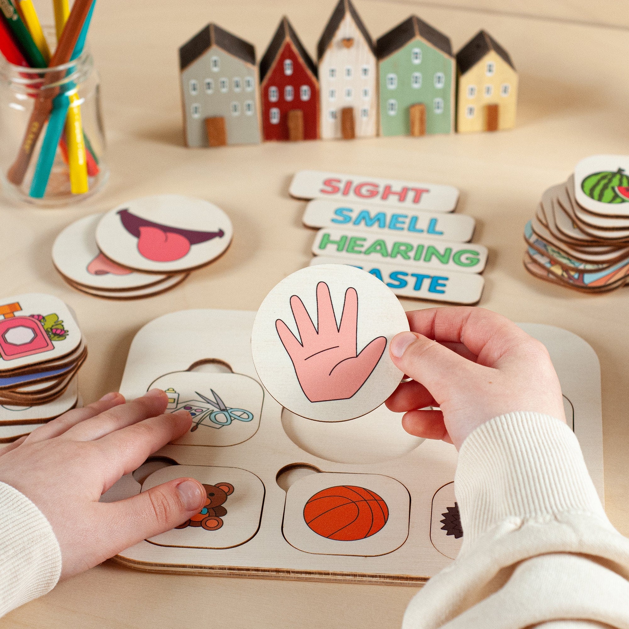 Educational Wood Toys, Five Senses Matching Cards, Educational Toys, Montessori Toys Toddler Toys Gifts for Kids Toys and Games Waldorf Toys
