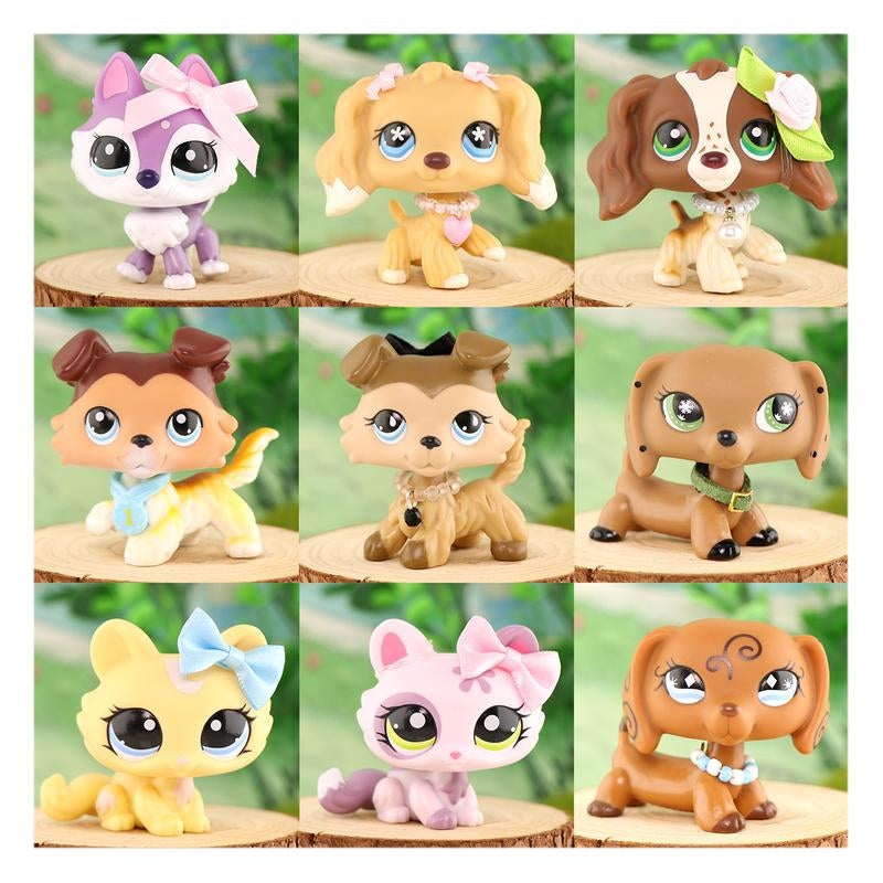 9 PC Miniature Cat Pack Dog Collie Great Dane Dachshund Cocker Spaniel Mini Pet Toys Sets Animal Figures Collection Compitable with LPS Collection