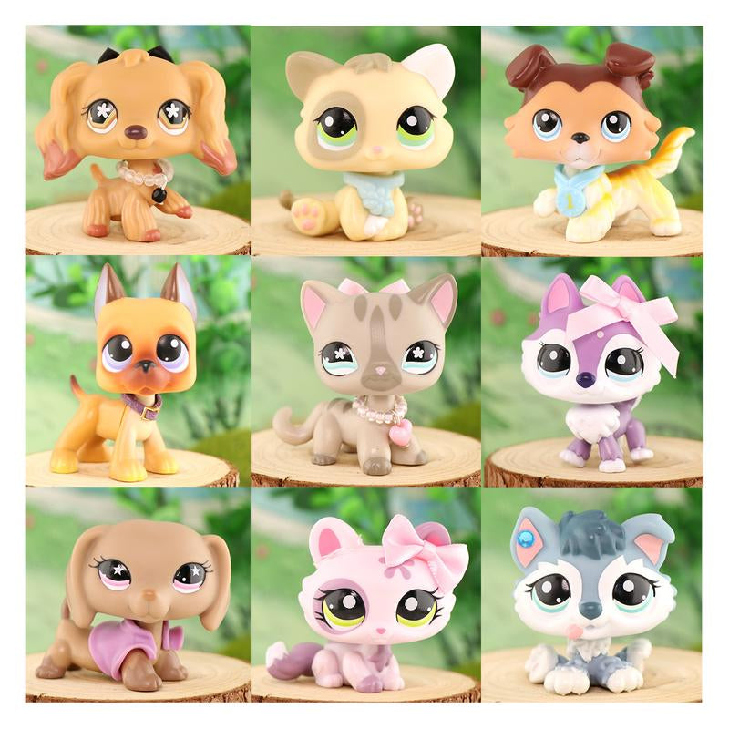 9 PC Miniature Cat Pack Dog Collie Great Dane Dachshund Cocker Spaniel Mini Pet Toys Sets Animal Figures Collection Compitable with LPS Collection