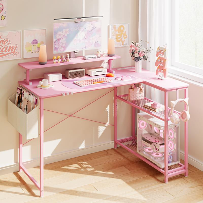 Dowinx L-Shaped Gaming Desk Cute with Cat Accessories, Built-In Power Outlet, Monitor Shelf, and Side Storage – Sturdy Metal Frame for Gamers and Home Office,43-Inch