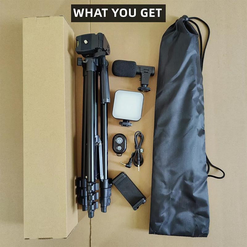 Professional Vlogging Kit for iPhone and Smartphones with LED Lights, Tripod Selfie Stick, Phone Clip, and Microphone