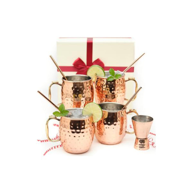Kitchen Science Gift Set Stainless Steel Lined Copper Moscow Mule Cups Set of 4 (18Oz) with 4 Straws & 1 Jigger Tarnish-Resistant