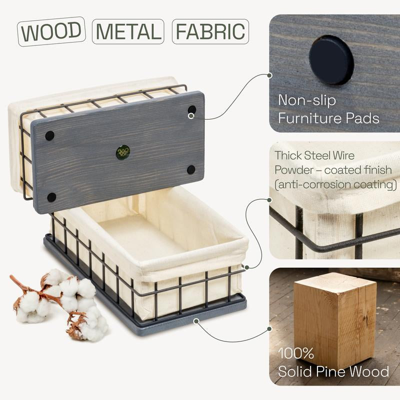 Baobab Workshop Gray Wood & Wire Baskets - Versatile Storage for Bathroom, Kitchen, Office - Handcrafted Organizing Crates