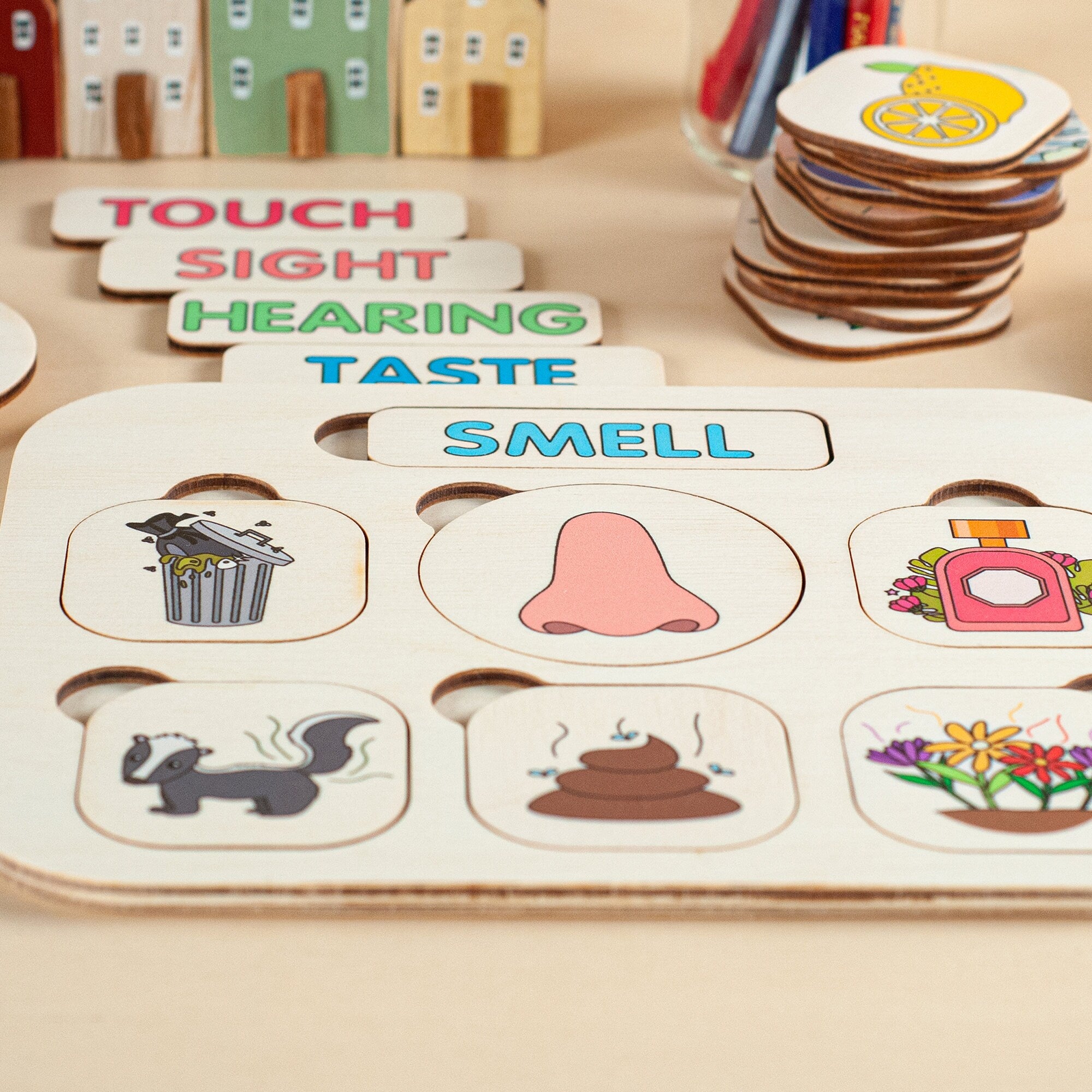 Educational Wood Toys, Five Senses Matching Cards, Educational Toys, Montessori Toys Toddler Toys Gifts for Kids Toys and Games Waldorf Toys