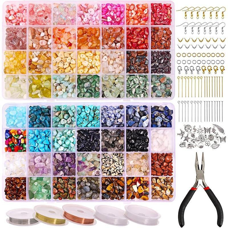 1800Pcs 56 Colors Crystal Beads, Ring Making Kit, Gemstone Chip Beads Irregular Natural Stone with Jewelry Making Supplies for DIY Craft Bracelet Necklace Earrings, Craft Gifts