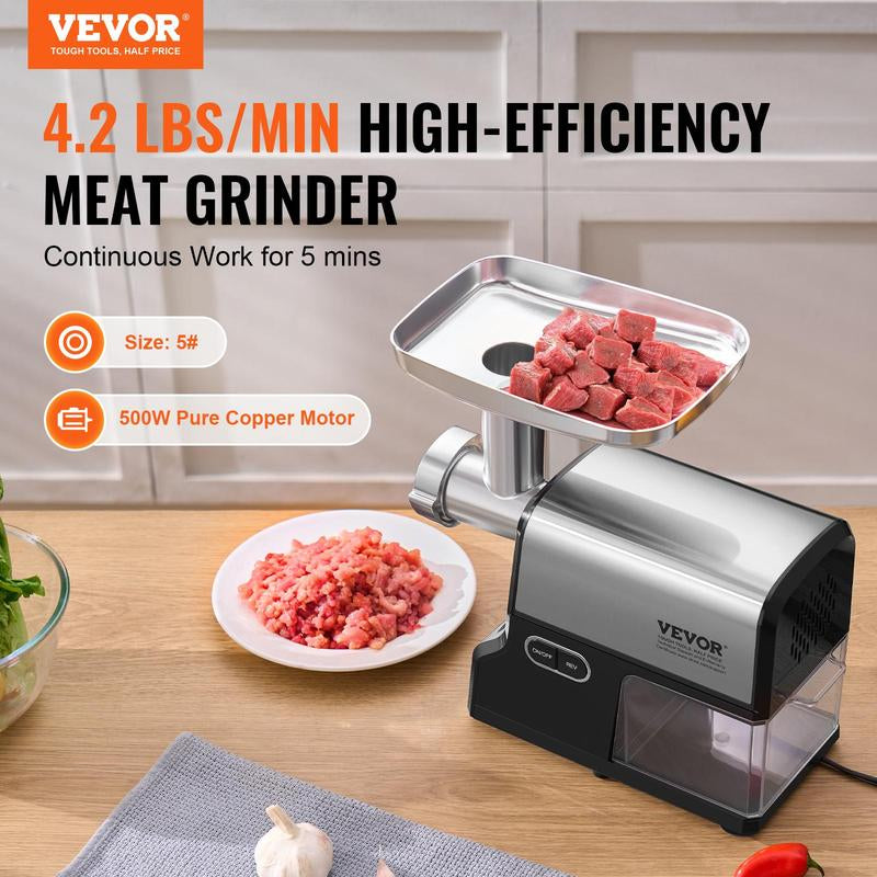 VEVOR Meat Grinder, 4.2 Lbs/Min Capacity Electric Meat Grinders with Blade, Grinding Plate, Sausage Maker, Kubbe Kit, Stainless Steel Meat Mincer for Home Kitchen