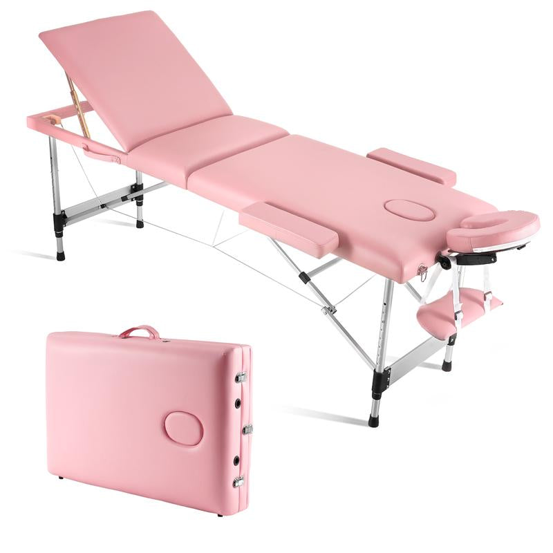 3 Folding Portable Lightweight Massage Table Salon Spa Tattoo Bed 82 Inches Height Adjustable with Aluminium Leg Carrying Bag, Maximum Weight Capacity 595Lbs，Pink