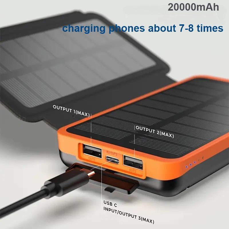 High-Capacity 20,000mAh Solar Power Bank with Foldable Solar Panels for Smartphones and Tablets
