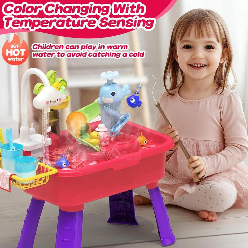 Halloween Fall Gifts Kitchen Play Sink Toys - 4-In-1 Electric Dishwasher Toy with Running Water for Kids - Animal, Food, Tableware Accessories, Color Changing 3 Years +