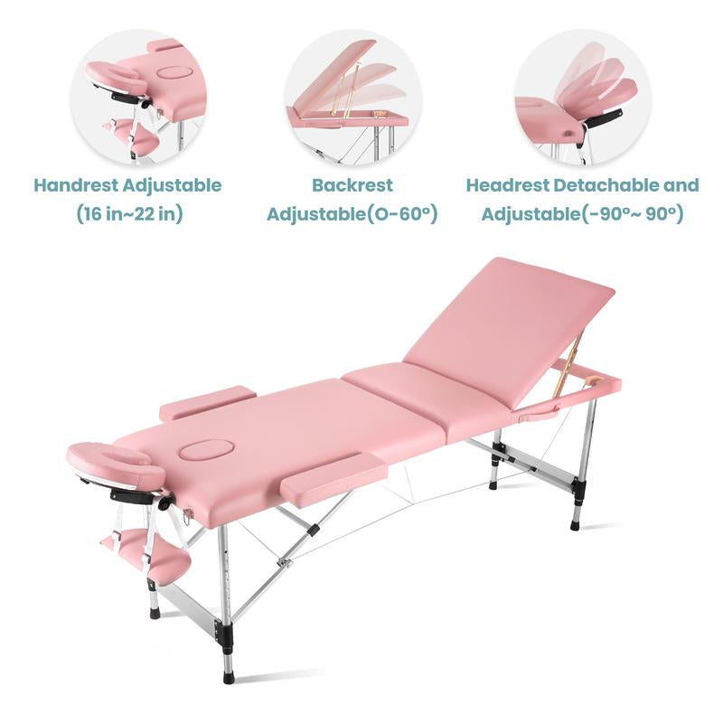 3 Folding Portable Lightweight Massage Table Salon Spa Tattoo Bed 82 Inches Height Adjustable with Aluminium Leg Carrying Bag, Maximum Weight Capacity 595Lbs，Pink