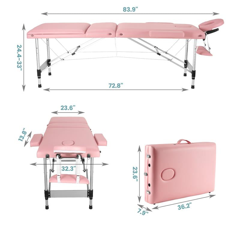 3 Folding Portable Lightweight Massage Table Salon Spa Tattoo Bed 82 Inches Height Adjustable with Aluminium Leg Carrying Bag, Maximum Weight Capacity 595Lbs，Pink