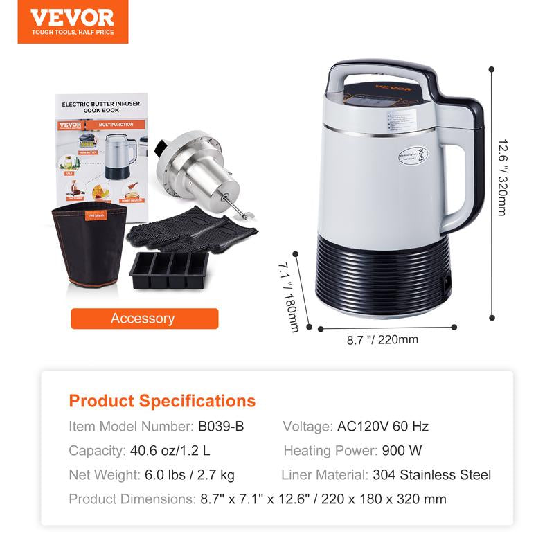 VEVOR Butter Maker Machine, 6 Functions Herbal Infuser, Magic Butter Machine & Oil Infusion Machine with Customizable Temperature and Time, Herbal Recipe Book & All Accessories Included