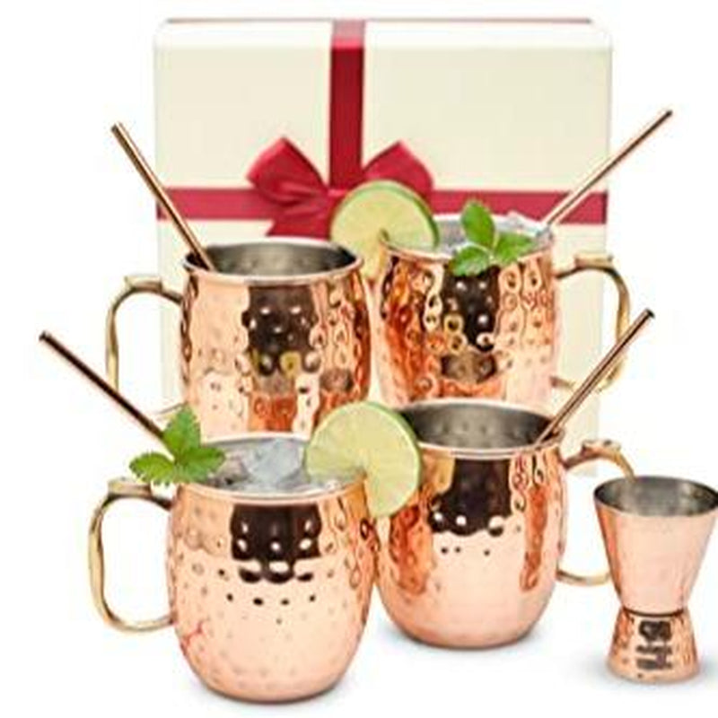 Kitchen Science Gift Set Stainless Steel Lined Copper Moscow Mule Cups Set of 4 (18Oz) with 4 Straws & 1 Jigger Tarnish-Resistant