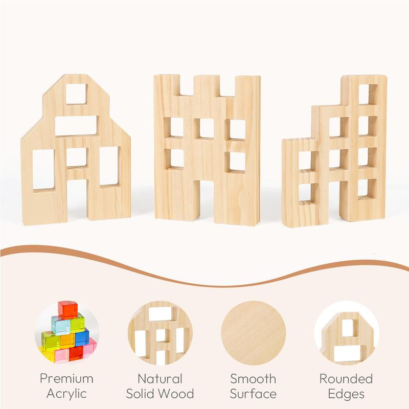 Woodtoe Wooden Building Blocks Set for Kids, 36 PCS Rainbow Acrylic Gem Cubes Blocks - 3 Wood House, Montessori Stacking Toy for Toddlers, Educational STEM Toys Birthday for Boys Girls 3-6
