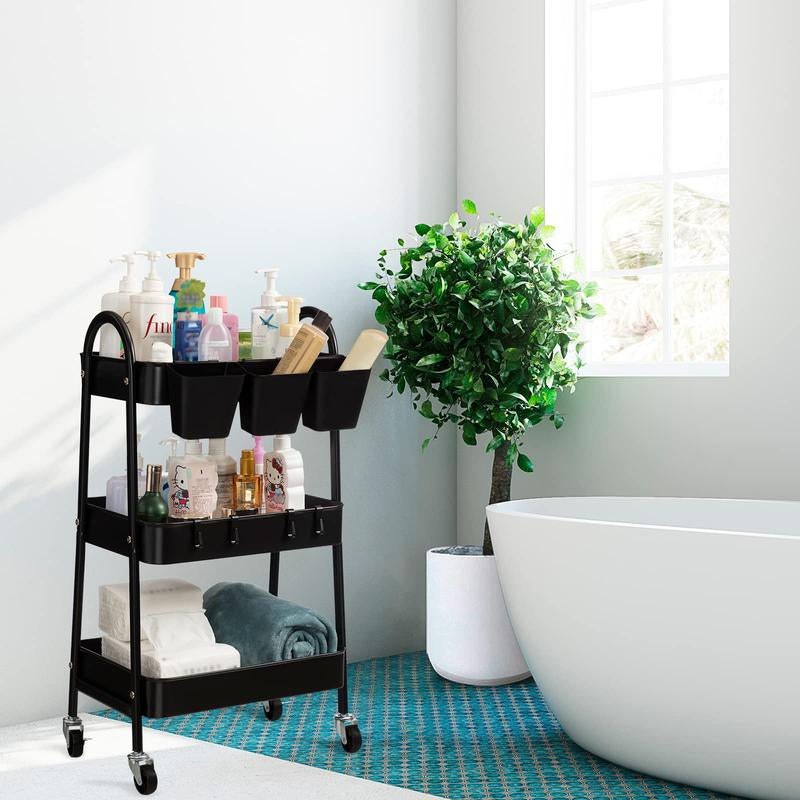 Danpinera Metal 3-Tier Rolling Storage Cart, Multifunctional Storage Shelves with Lockable Wheels & Hanging Cups & Hooks, Mobile Trolley Cart for Kitchen, Bathroom, Office, Workshop Organiser Racks