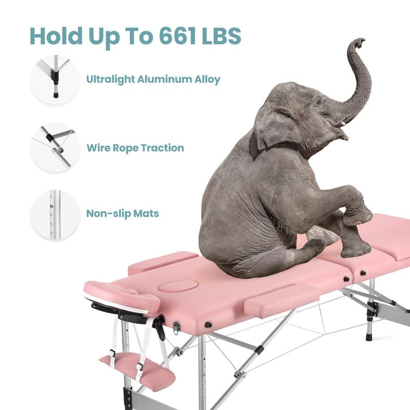 3 Folding Portable Lightweight Massage Table Salon Spa Tattoo Bed 82 Inches Height Adjustable with Aluminium Leg Carrying Bag, Maximum Weight Capacity 595Lbs，Pink