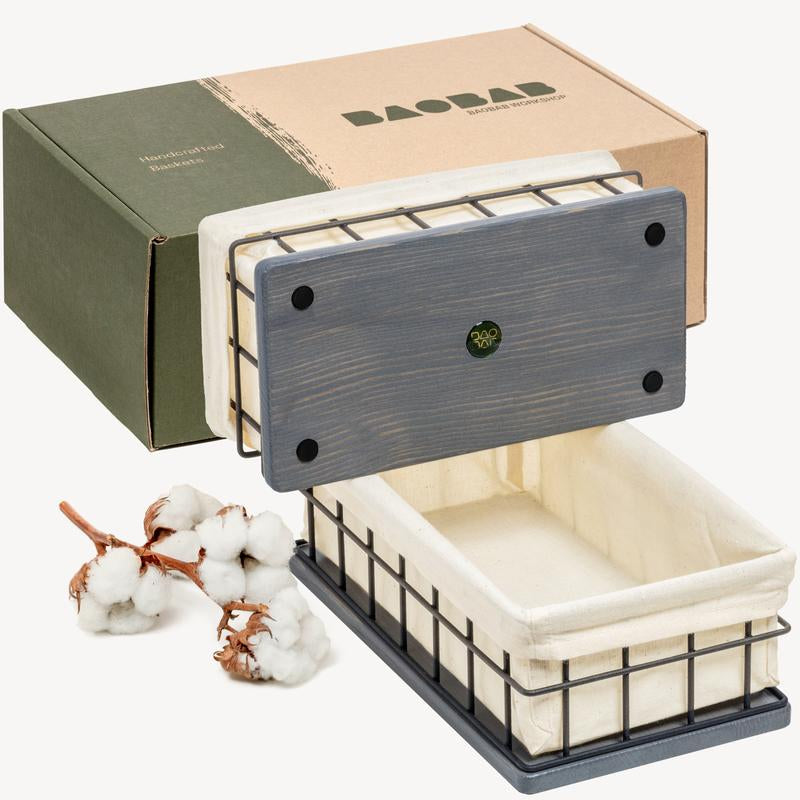 Baobab Workshop Gray Wood & Wire Baskets - Versatile Storage for Bathroom, Kitchen, Office - Handcrafted Organizing Crates