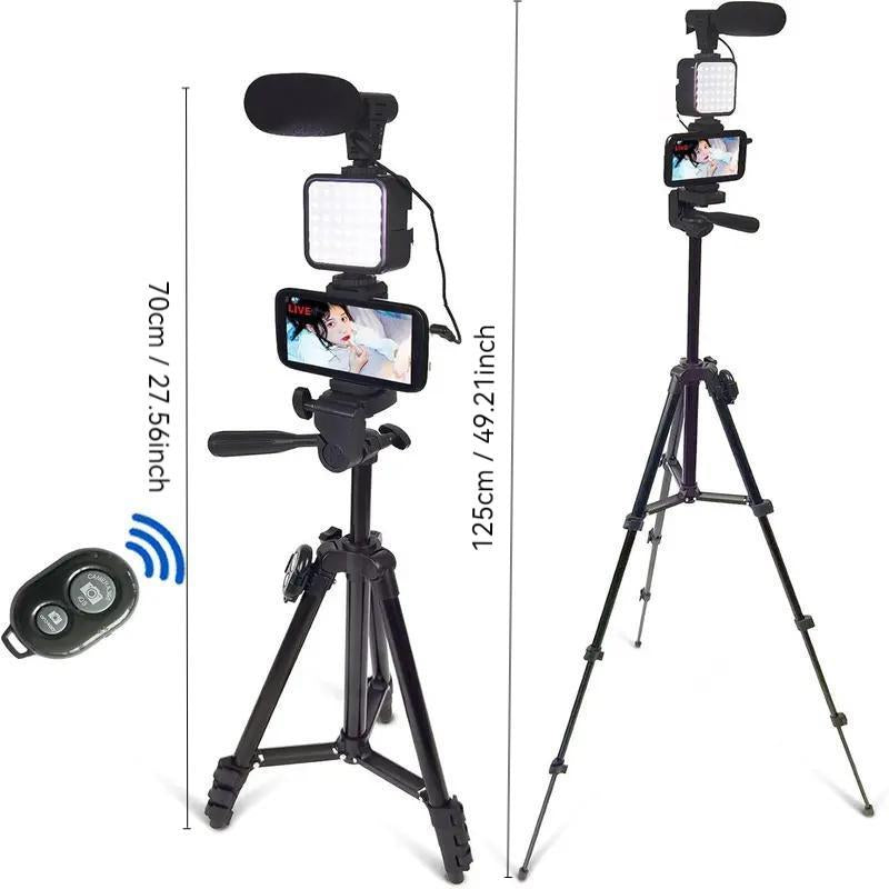 Professional Vlogging Kit for iPhone and Smartphones with LED Lights, Tripod Selfie Stick, Phone Clip, and Microphone