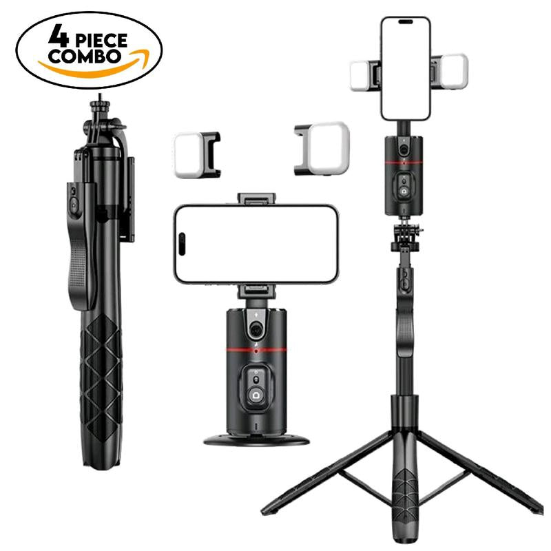 Gimbal Auto Face Tracking Combo Pack with Extendable Selfie Stick Tripod, Remote Control, and Dual LED Lights - 360° Rotatable Phone Stabilizer and Accessories for Smartphones