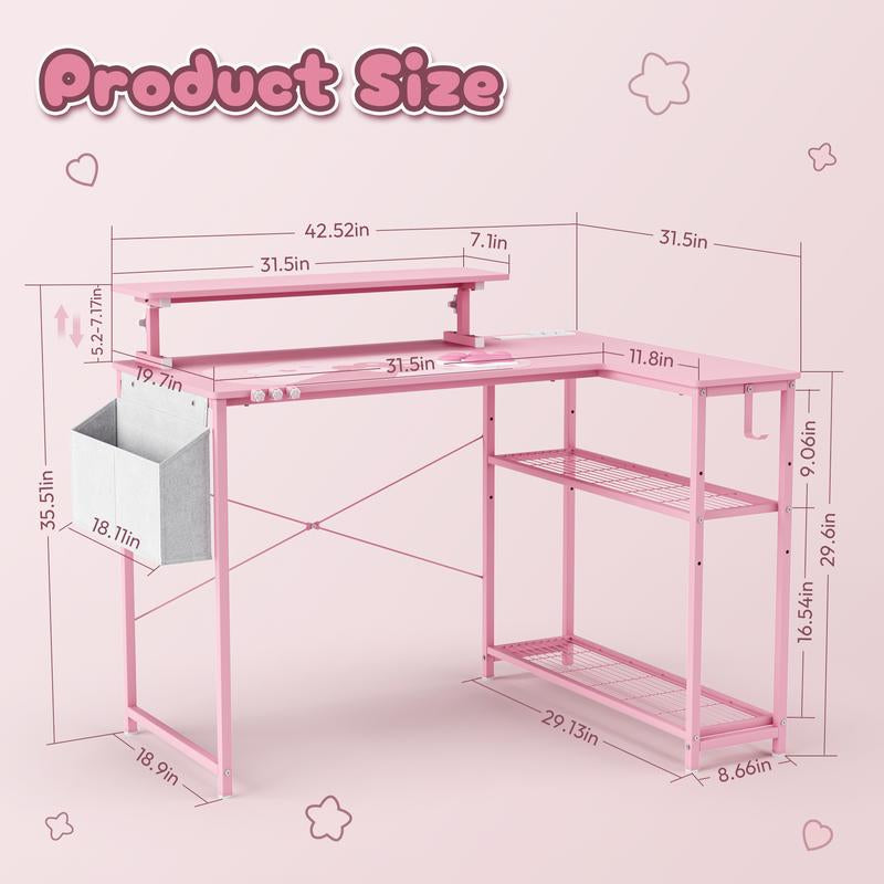 Dowinx L-Shaped Gaming Desk Cute with Cat Accessories, Built-In Power Outlet, Monitor Shelf, and Side Storage – Sturdy Metal Frame for Gamers and Home Office,43-Inch