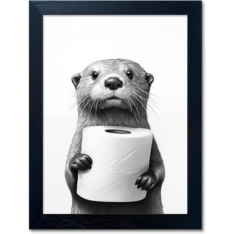 Bathroom Picture Wall Decor, Framed Black and White Bathroom Wall Art, Toilet Paper in Little Funny Raccoon'S Hand Animal Canvas Print Painting
