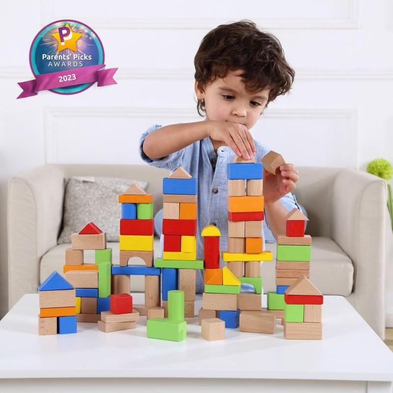 Pidoko Kids Wooden Blocks - 100 Pcs with Shape Sorter Lid Storage Container