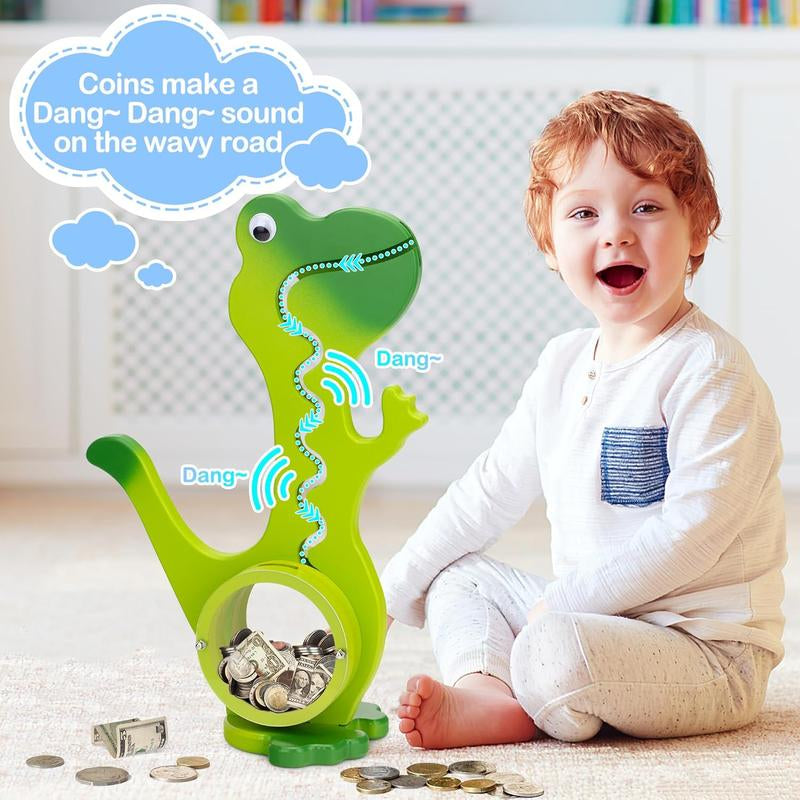 Wooden Dinosaur Piggy Bank Boalord for Boys Girls Clear Big Belly Coin Bank for Real Money Toydino-Green