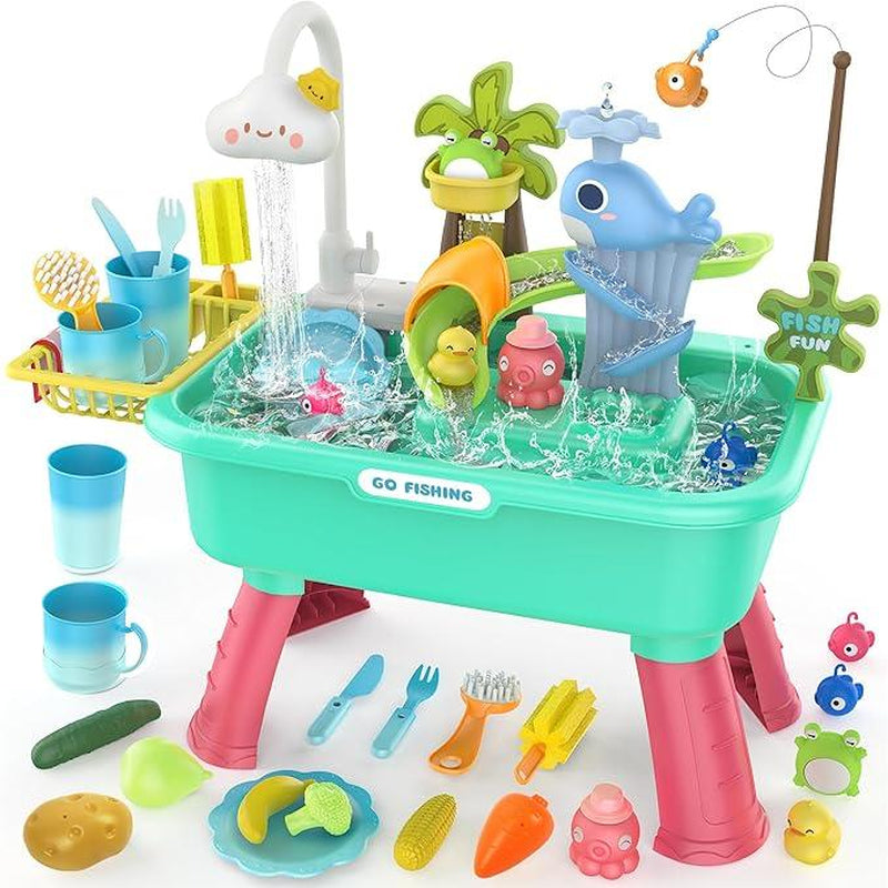 Halloween Fall Gifts Kitchen Play Sink Toys - 4-In-1 Electric Dishwasher Toy with Running Water for Kids - Animal, Food, Tableware Accessories, Color Changing 3 Years +