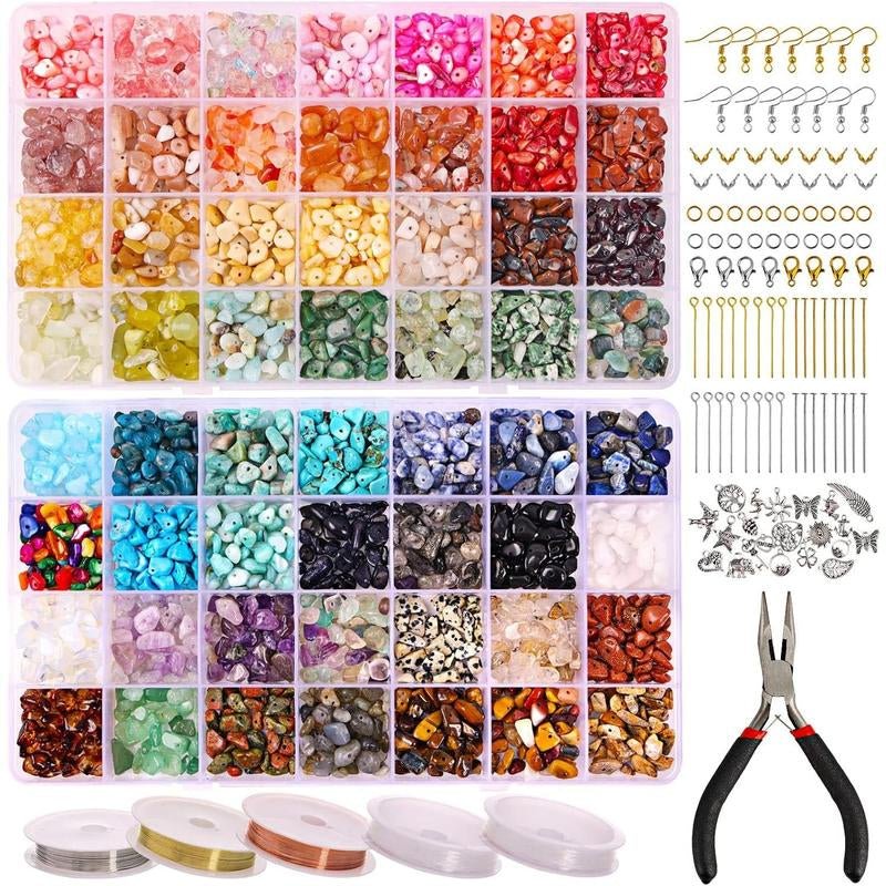 1800Pcs 56 Colors Crystal Beads, Ring Making Kit, Gemstone Chip Beads Irregular Natural Stone with Jewelry Making Supplies for DIY Craft Bracelet Necklace Earrings, Craft Gifts