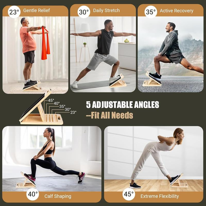 Adjustable Slant Board for Stretching & Physical Therapy – Durable Wooden Calf Stretcher with an Included Exercise Guide. Supports up to 300 Lbs—Perfect for Achilles Tendon Relief, Squats, and Leg Workouts. Portable and Versatile for Home or Gym Use.