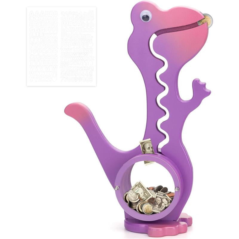 Wooden Dinosaur Piggy Bank Boalord for Boys Girls Clear Big Belly Coin Bank for Real Money Toydino-Green