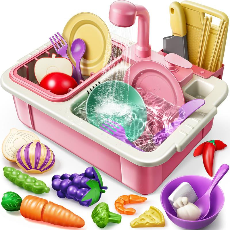 Geyiie Play Sink with Running Water, Kitchen Sink Toys for Kids Toddlers Pets with Automatic Water Cycle System, Cutting Food, Tableware Accessories, Pretend Role Playset Gift Toys for Girls Boys