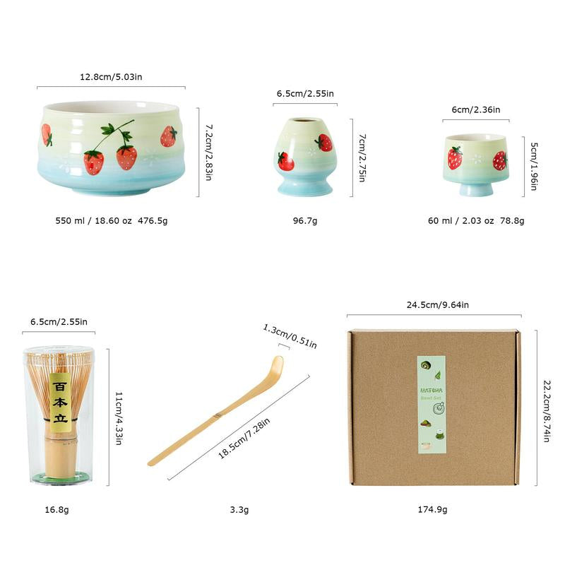 Strawberry Pattern Matcha Tea Set, 6 Counts/Set Including Matcha Scoop, Matcha Bowl, Stand, Matcha Brush, Tea Making Tools for Home Office