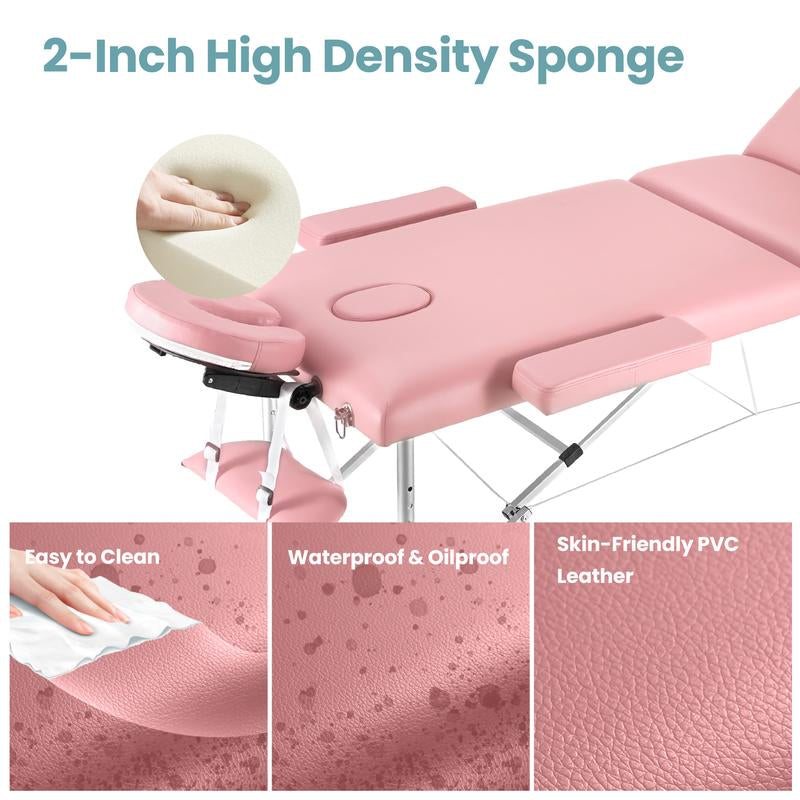 3 Folding Portable Lightweight Massage Table Salon Spa Tattoo Bed 82 Inches Height Adjustable with Aluminium Leg Carrying Bag, Maximum Weight Capacity 595Lbs，Pink
