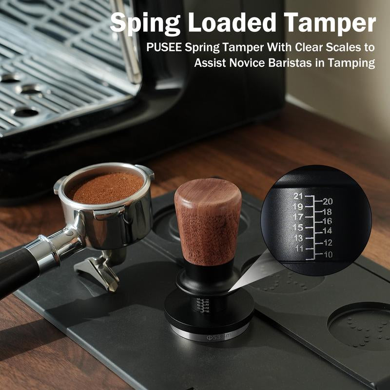 PUSEE 58Mm Espresso Tamper, Calibrated Tamper with 30Lbs Double Spring Loaded Tamper Walnut Wood Coffee Tamper for Barista Home,Stainless Steel Base Tamper Espresso Tool Fits 58 Portafilters