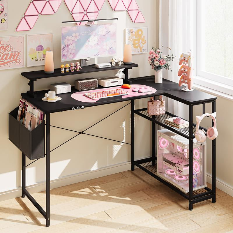 Dowinx L-Shaped Gaming Desk Cute with Cat Accessories, Built-In Power Outlet, Monitor Shelf, and Side Storage – Sturdy Metal Frame for Gamers and Home Office,43-Inch