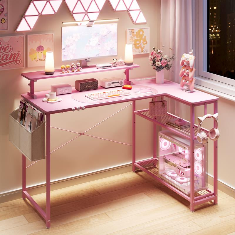 Dowinx L-Shaped Gaming Desk Cute with Cat Accessories, Built-In Power Outlet, Monitor Shelf, and Side Storage – Sturdy Metal Frame for Gamers and Home Office,43-Inch