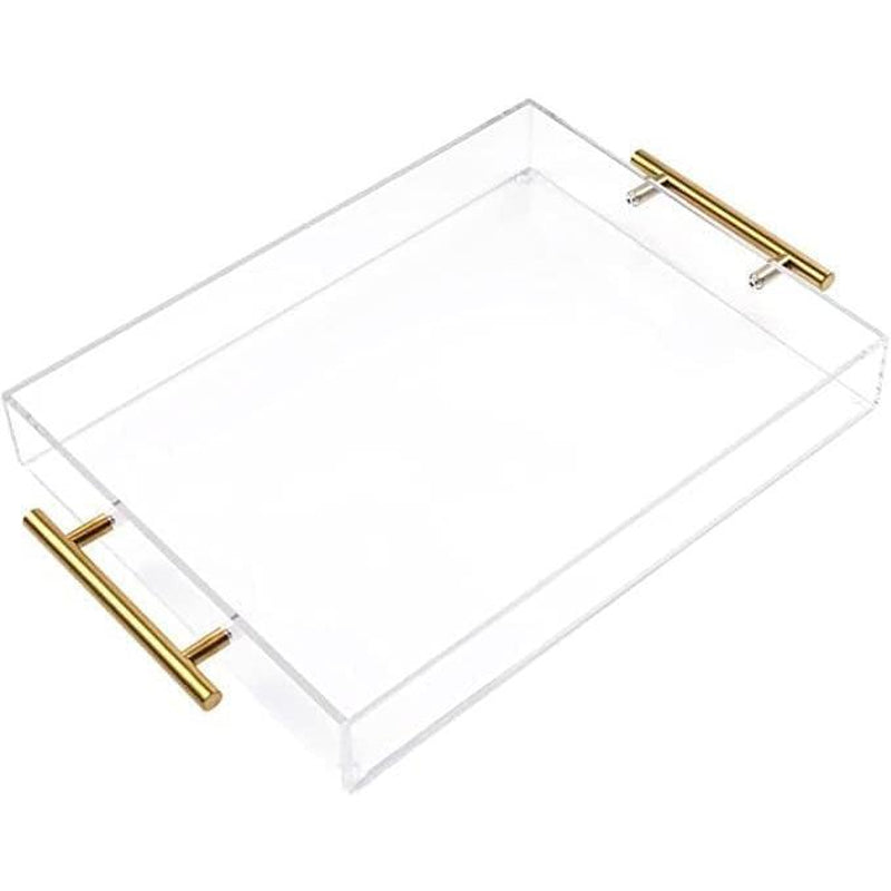 12"X16" Clear Acrylic Serving Tray with Golden Handles, Sturdy Huge Capacity Acrylic Tray for Coffee, Juice, Kitchen and Desk Organizer, Storage Tray ,12"X16"