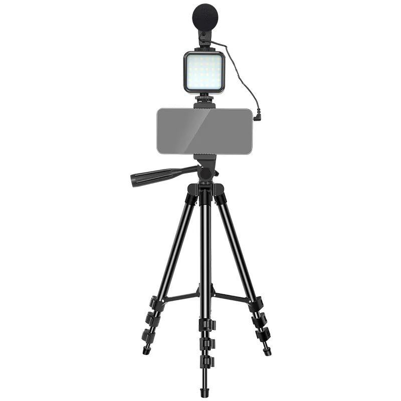 Professional Vlogging Kit for iPhone and Smartphones with LED Lights, Tripod Selfie Stick, Phone Clip, and Microphone