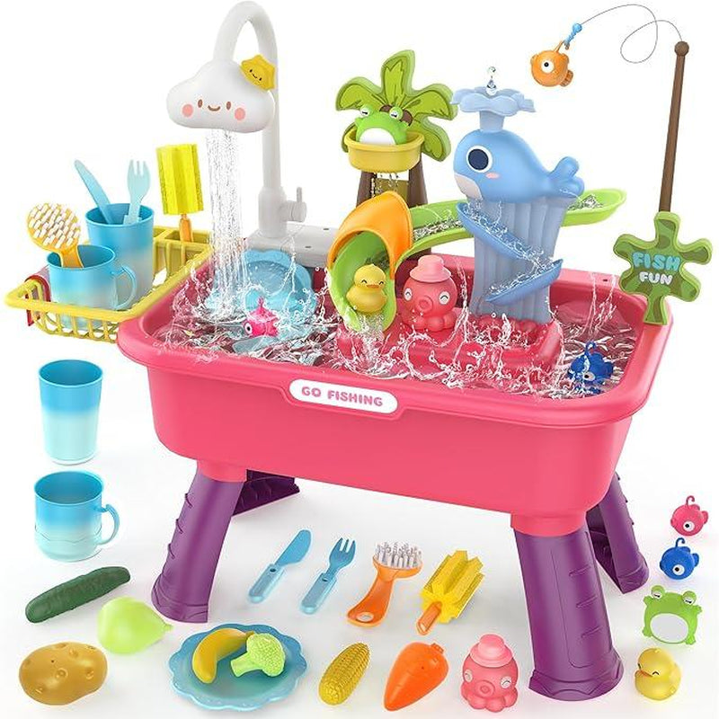 Halloween Fall Gifts Kitchen Play Sink Toys - 4-In-1 Electric Dishwasher Toy with Running Water for Kids - Animal, Food, Tableware Accessories, Color Changing 3 Years +