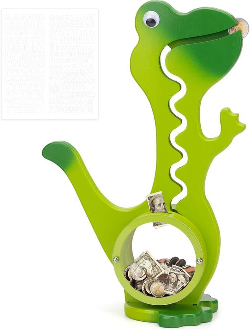 Wooden Dinosaur Piggy Bank Boalord for Boys Girls Clear Big Belly Coin Bank for Real Money Toydino-Green