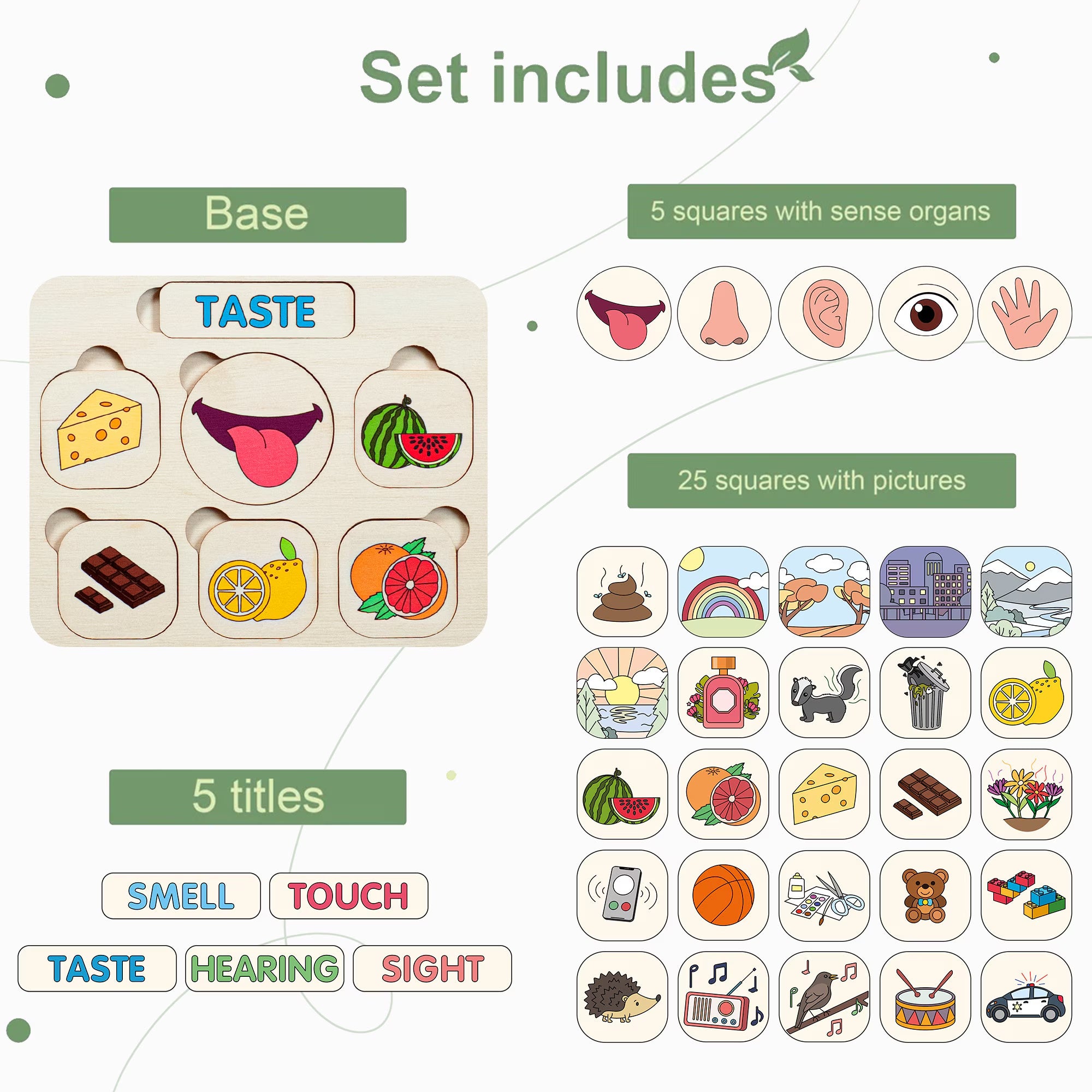 Educational Wood Toys, Five Senses Matching Cards, Educational Toys, Montessori Toys Toddler Toys Gifts for Kids Toys and Games Waldorf Toys
