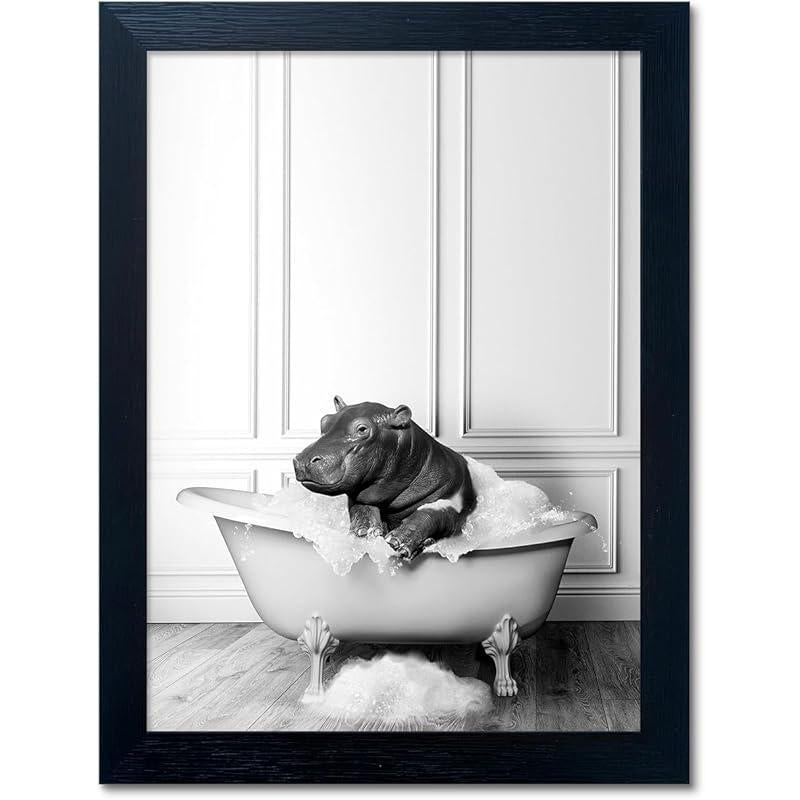 Bathroom Picture Wall Decor, Framed Black and White Bathroom Wall Art, Toilet Paper in Little Funny Raccoon'S Hand Animal Canvas Print Painting