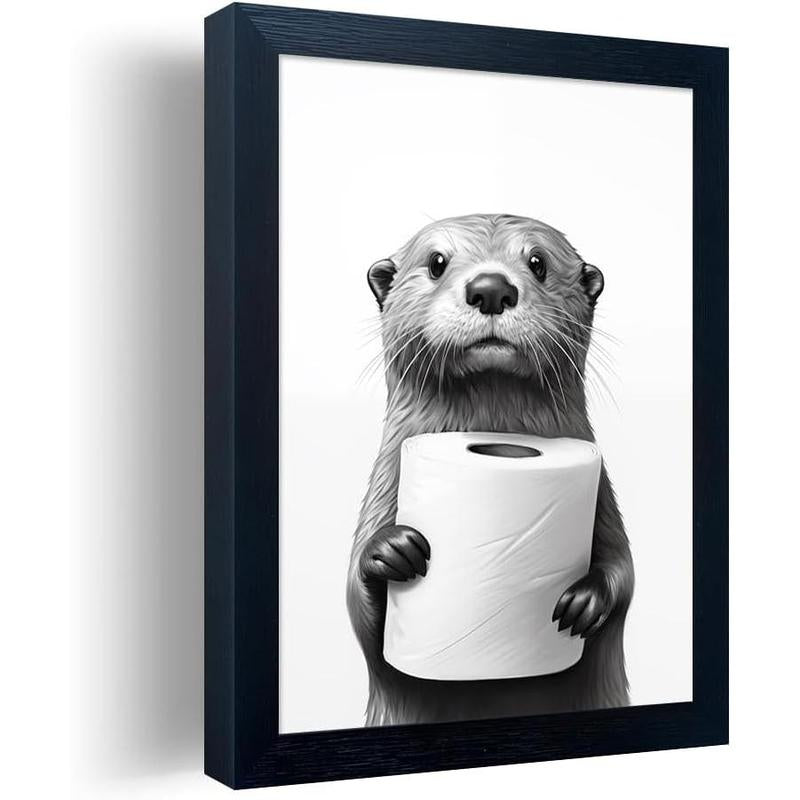 Bathroom Picture Wall Decor, Framed Black and White Bathroom Wall Art, Toilet Paper in Little Funny Raccoon'S Hand Animal Canvas Print Painting