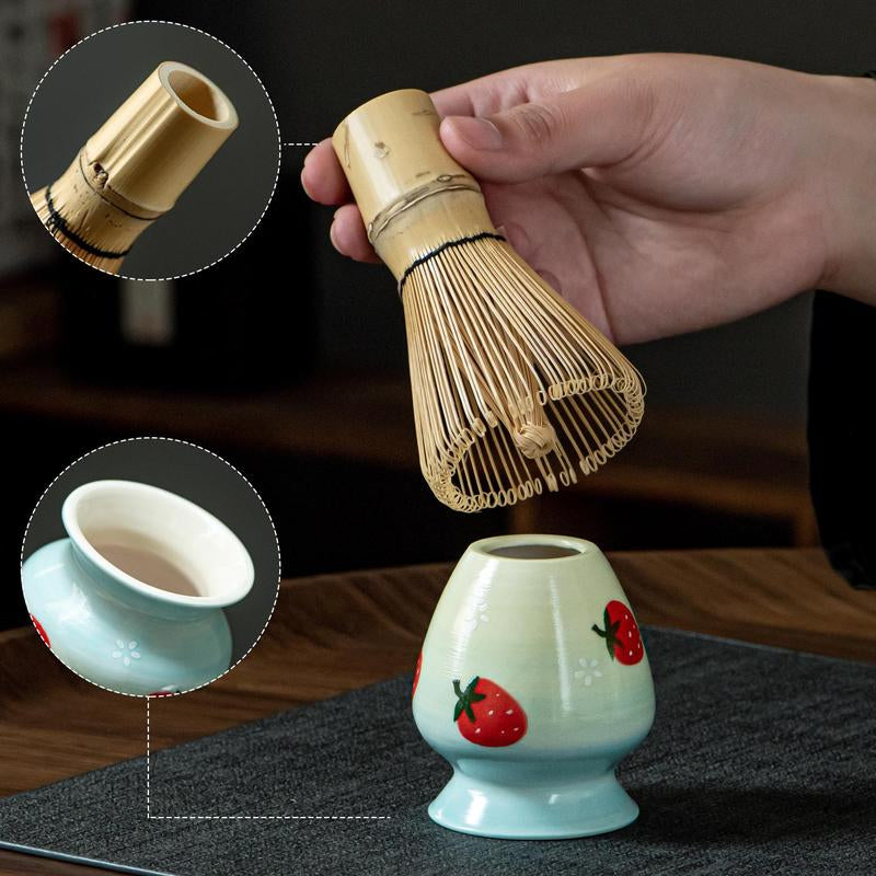 Strawberry Pattern Matcha Tea Set, 6 Counts/Set Including Matcha Scoop, Matcha Bowl, Stand, Matcha Brush, Tea Making Tools for Home Office