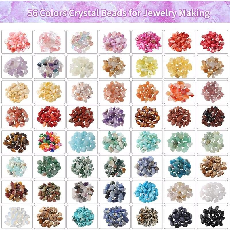 1800Pcs 56 Colors Crystal Beads, Ring Making Kit, Gemstone Chip Beads Irregular Natural Stone with Jewelry Making Supplies for DIY Craft Bracelet Necklace Earrings, Craft Gifts