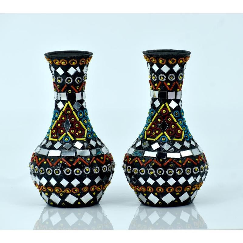 Vase Set of 2 Shisha Moti Craft Table Top Decorative Accent [6.5 Inches]
