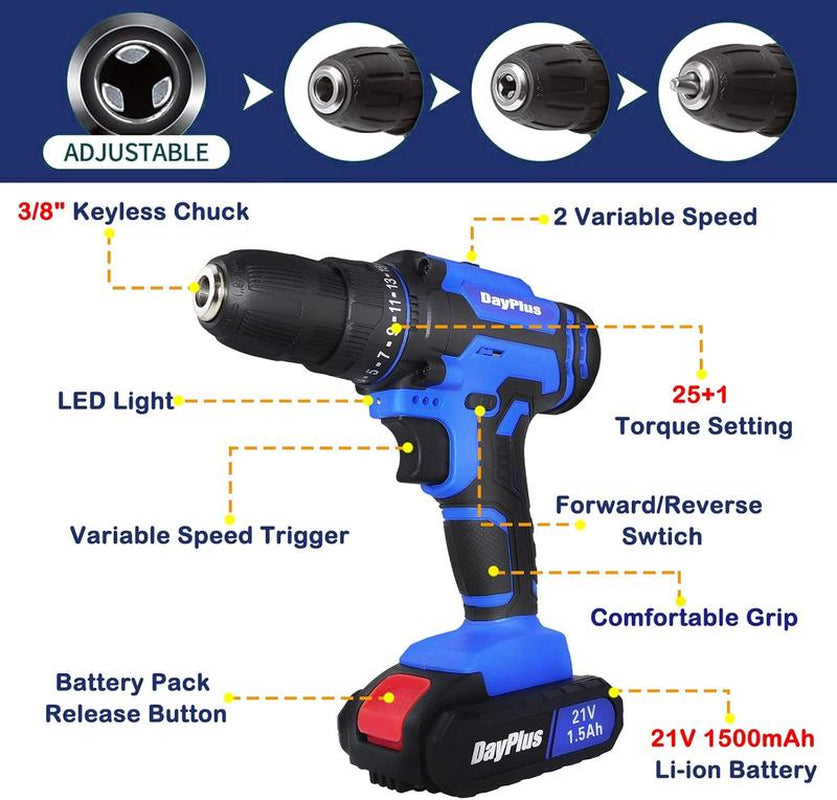 Cordless Drill Driver Set Electric Power Drill Set with 1 Battery & Charger, 3/8” Keyless Chuck, 2 Variable Speed, 400 In-Lb Torque, 25+1 Position and 26Pcs Drill/Driver Bits